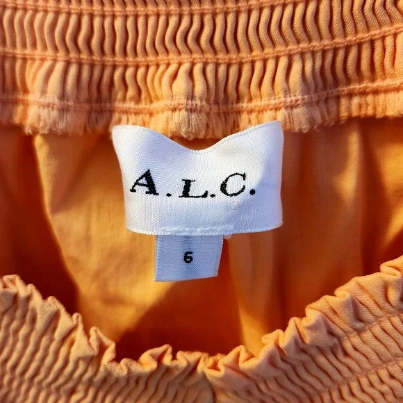 ALC Peach Smocked Puff Sleeve Linen Blend Midi Dress Size 6 - Picture 2 of 8